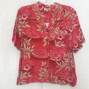 Tahiti Reef Club Resort Womens Red Tropical Floral Rayon Hawaiian Shirt Size L